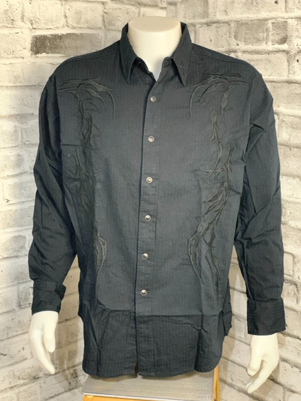 Vtg Brooks Dunn Panhandle Slim Pearl Snap Shirt XL Black Embroidered Cowboy Y2k